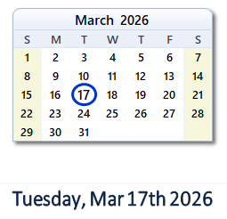 17 March 2026 calendar