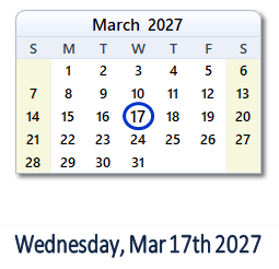 17 March 2027 calendar