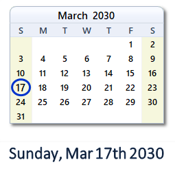 March 17, 2030 calendar