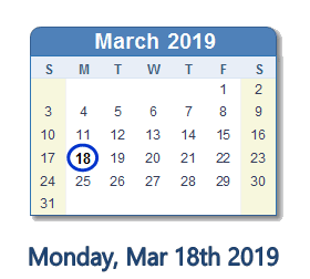 March 18, 2019 calendar