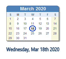 March 18, 2020 calendar