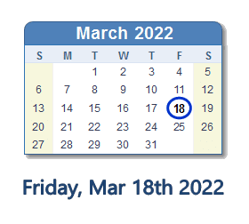 March 18, 2022 calendar