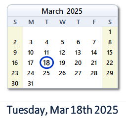 18 March 2025 calendar