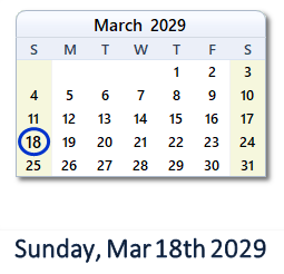 March 18, 2029 calendar