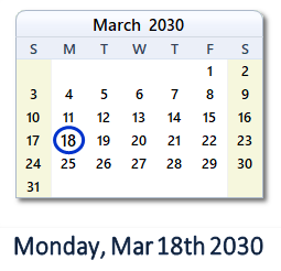 March 18, 2030 calendar