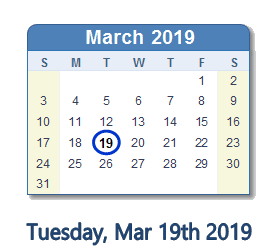 March 19, 2019 calendar