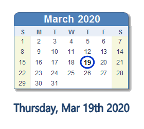 March 19, 2020 calendar
