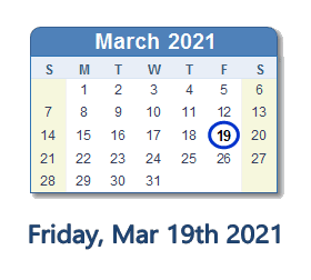 March 19, 2021 calendar