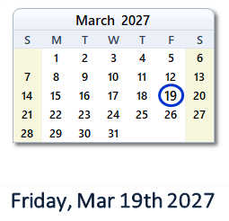 19 March 2027 calendar