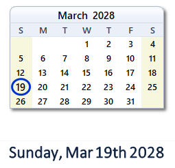 March 19, 2028 calendar