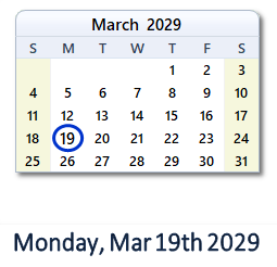March 19, 2029 calendar