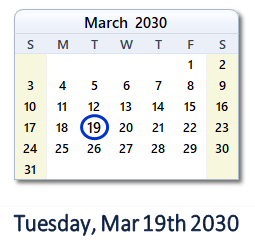 March 19, 2030 calendar