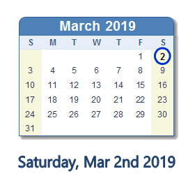 March 2, 2019 calendar