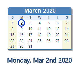 March 2, 2020 calendar