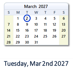 March 2, 2027 calendar