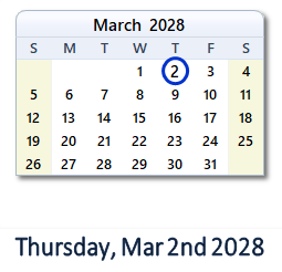 March 2, 2028 calendar