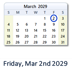 March 2, 2029 calendar