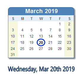 March 20, 2019 calendar