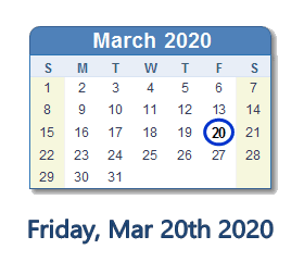 March 20, 2020 calendar