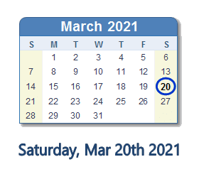 March 20, 2021 calendar