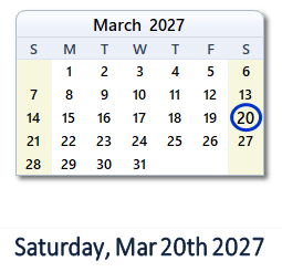 20 March 2027 calendar