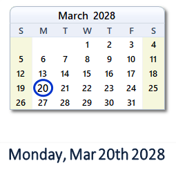 March 20, 2028 calendar