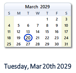 March 20, 2029 calendar
