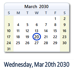 March 20, 2030 calendar