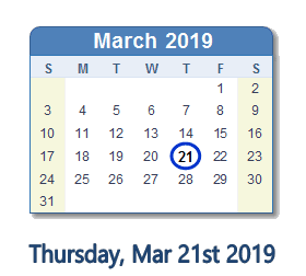 March 21, 2019 calendar