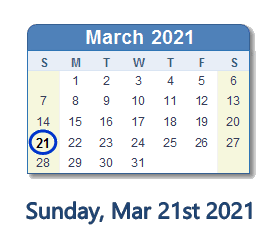 March 21, 2021 calendar