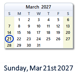 21 March 2027 calendar