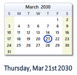 March 21, 2030 calendar