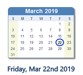 March 22, 2019 calendar