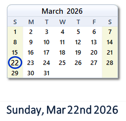 22 March 2026 calendar