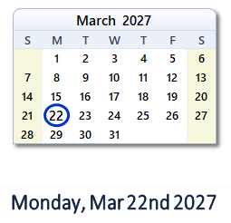 March 22, 2027 calendar