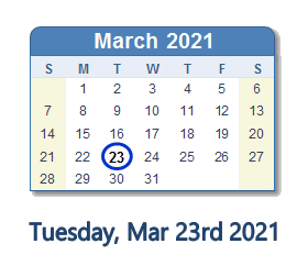 March 23, 2021 calendar