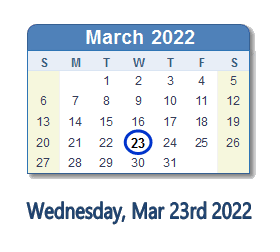 March 23, 2022 calendar