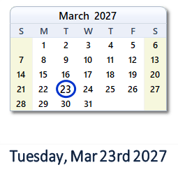 March 23, 2027 calendar