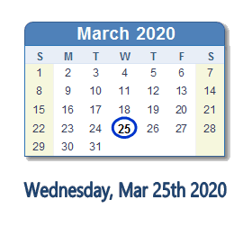 March 25, 2020 calendar
