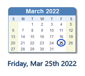 March 25, 2022 calendar
