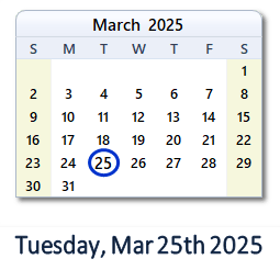 25 March 2025 calendar