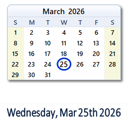 March 25, 2026 calendar