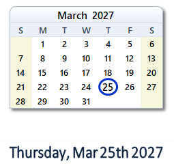 March 25, 2027 calendar