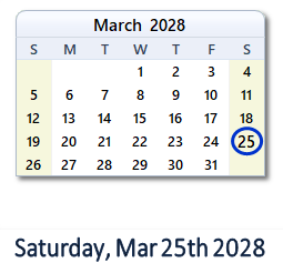 March 25, 2028 calendar