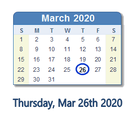 March 26, 2020 calendar