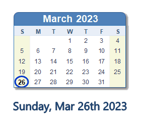 26 March 2023 calendar