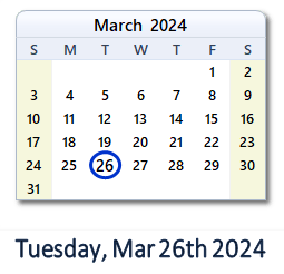 26 March 2024 calendar