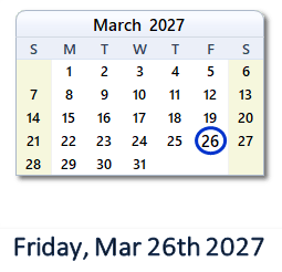 26 March 2027 calendar
