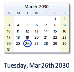 March 26, 2030 calendar
