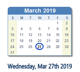 March 27, 2019 calendar